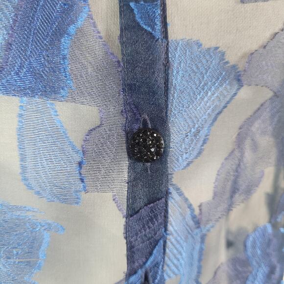 Kay Unger Dress 10 Blue Floral Sheer Button Front Overlay Midi Collared Party - Picture 6 of 9